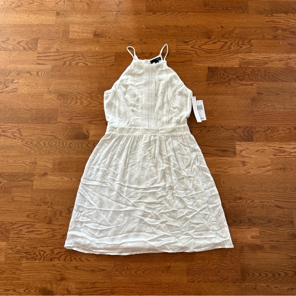 AQUA Mini Dress Ivory High Neck Off White Lace Skater Tank Sun Cream S NWT